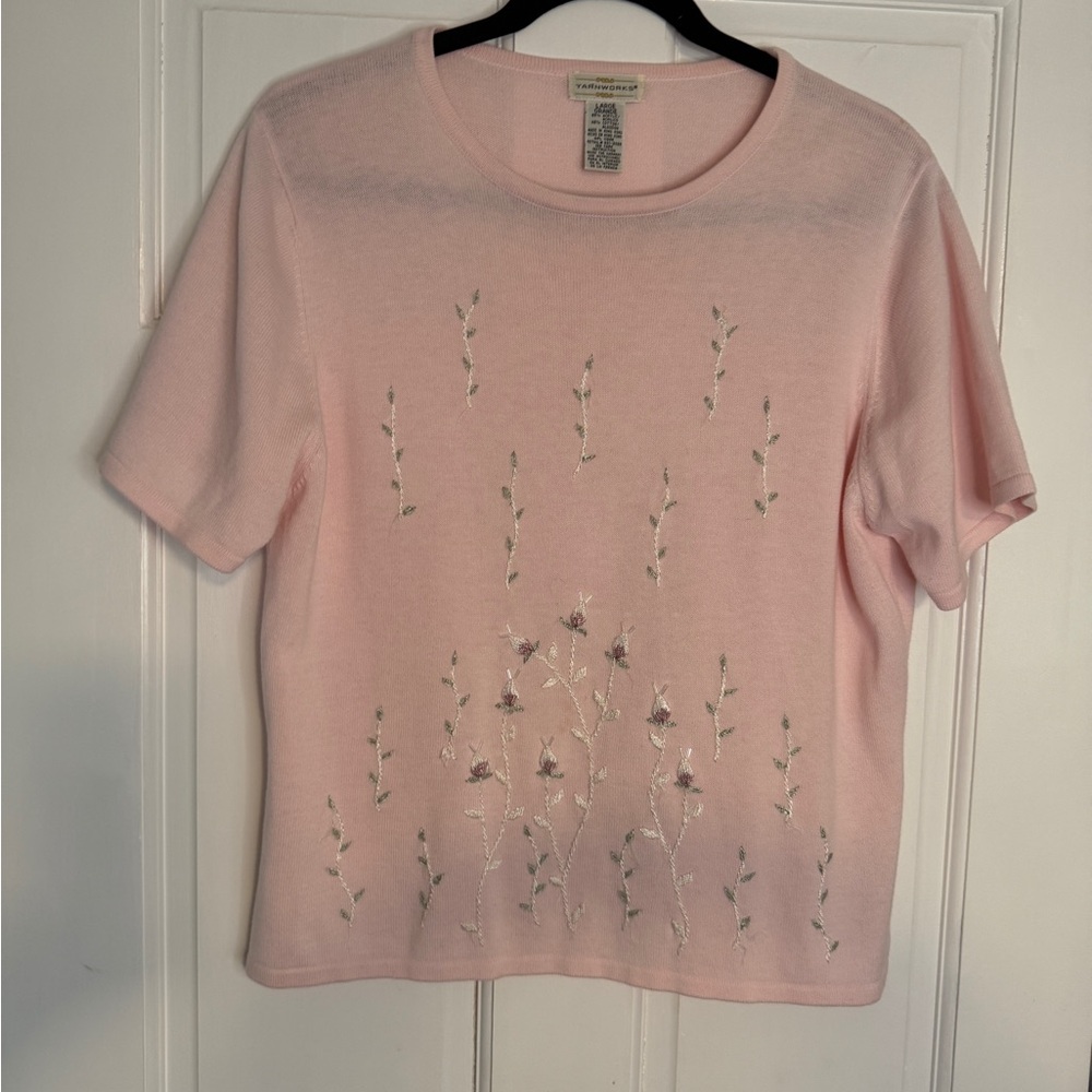 Dainty Light Pink Embroidered Short Sleeve Tee by Carolyne Roehm